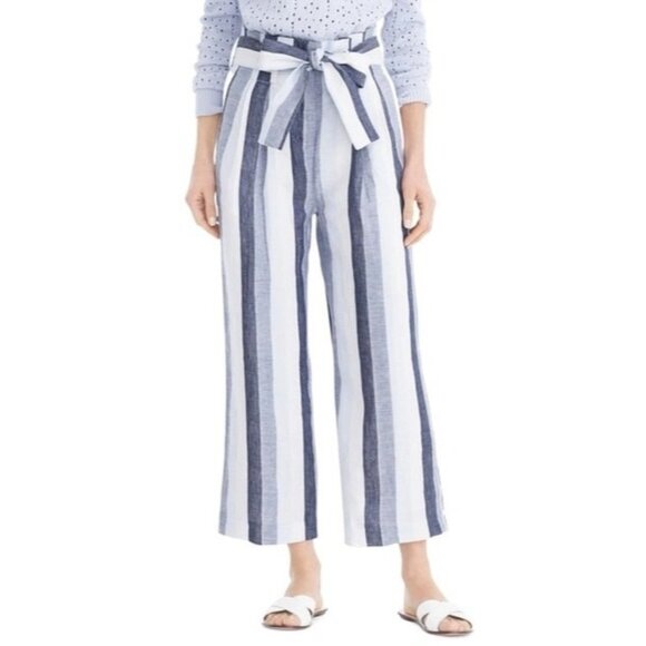 J. Crew Point Sur Paperbag Stripe Linen Pants In Blue and Ivory  Size 10 NWT - Picture 2 of 13